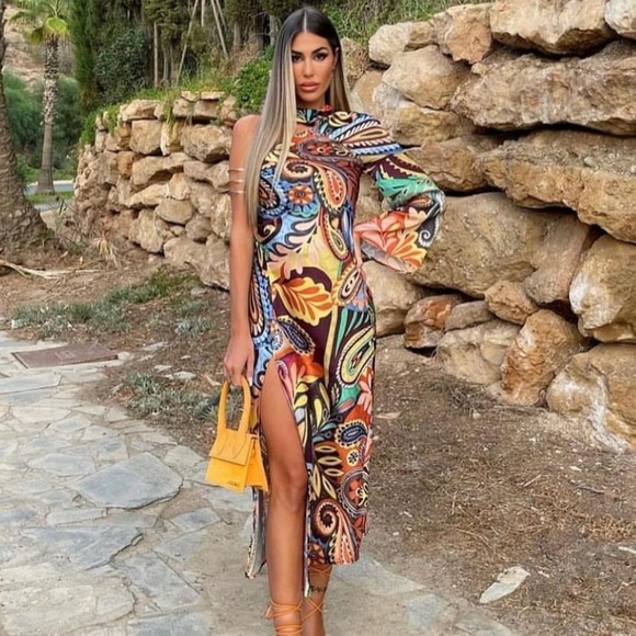 ZARA ONE SHOULDER PRINTED ASYMMETRIC DRESS MULTICOLORED - Picture 1 of 13